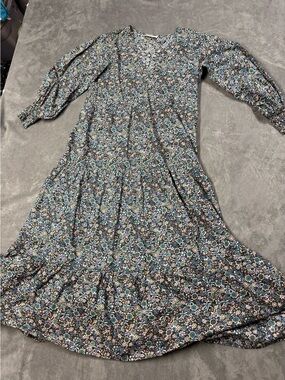 Boho Floral Long-Sleeve Maxi Dress in Teal and Navy